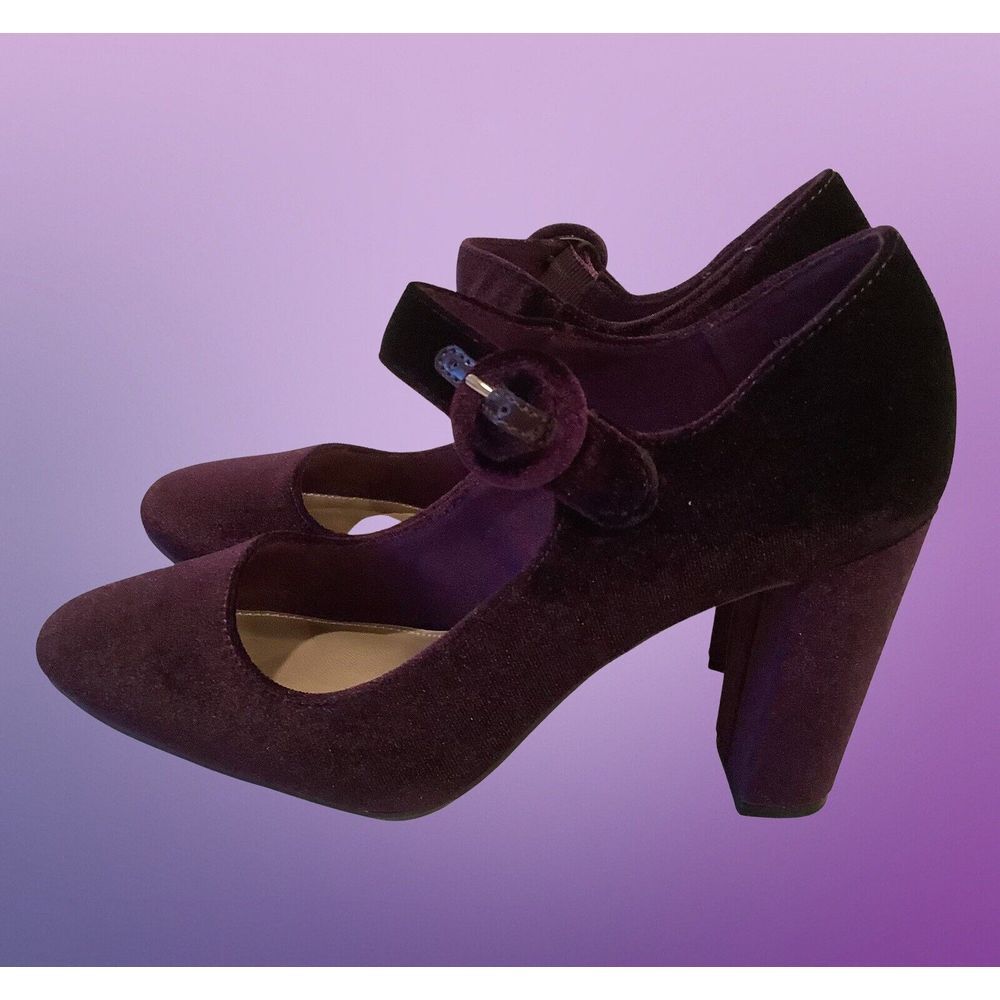 Christian Soriano Purple Velveteen Heels Mary Jane Chunky Block Pumps Sz 6.5 - Picture 4 of 8